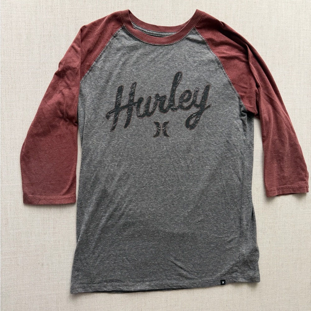 Hurley Heather Gray Baseball Raglan with Maroon Sleeves